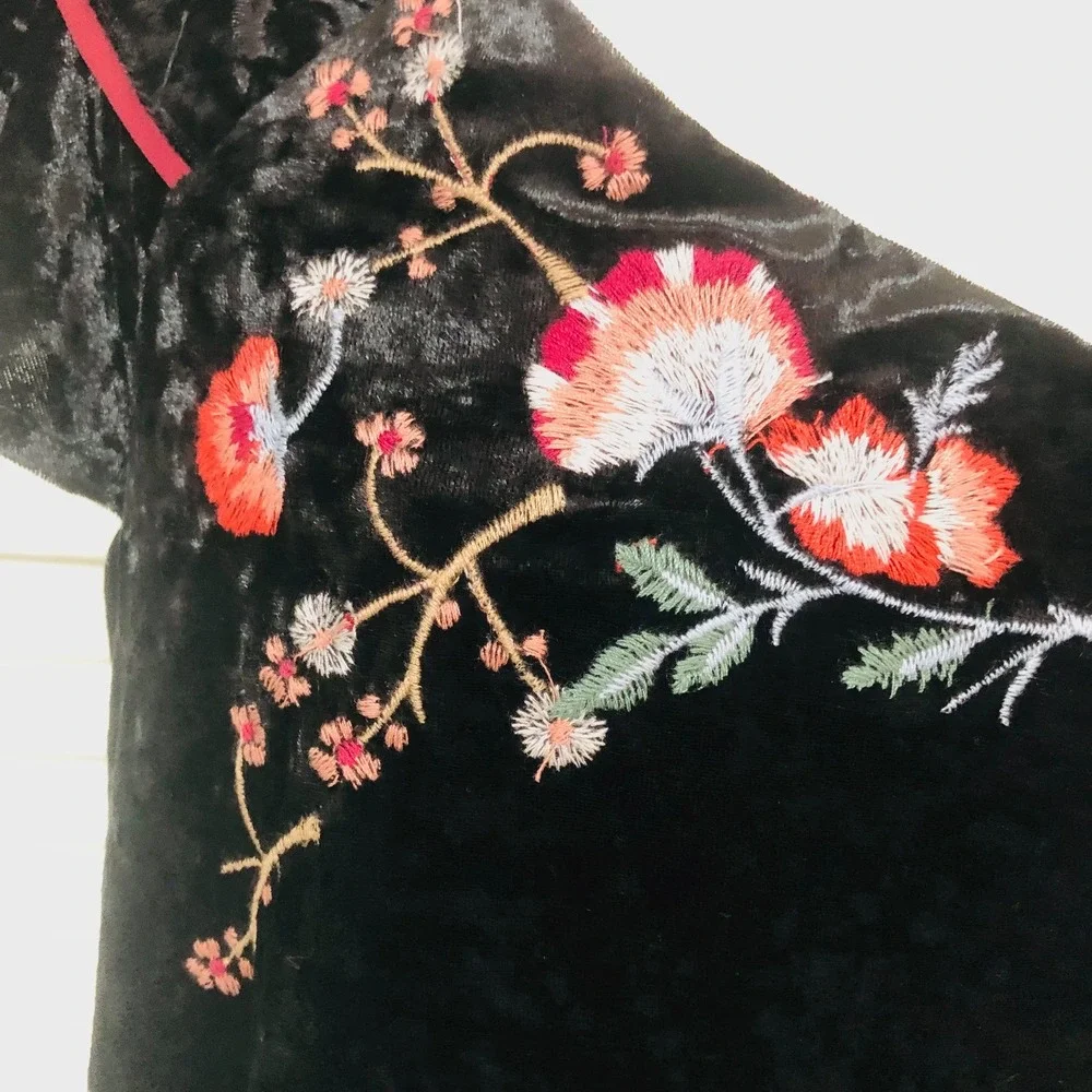 THML Velvet Mini Dress Floral Embroider Cold Shoulder Womens MP Fairy Whimsigoth